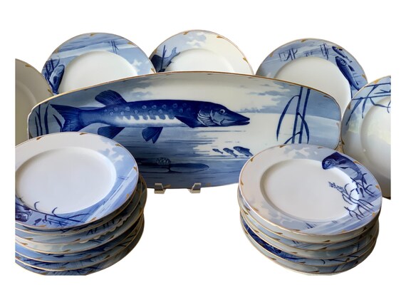 Antique German Hermann Fahle 19pc Fish Set: Cobalt Blue Designs Dinner Plates  Platter 1800s Heirloom