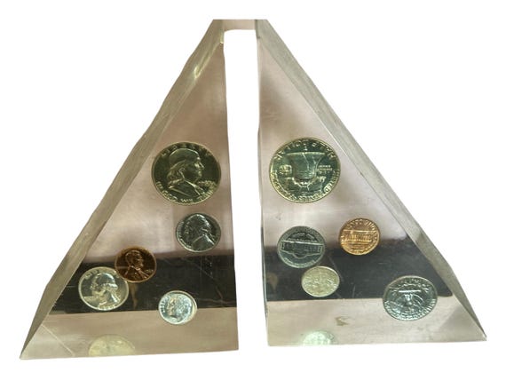 Pair Mid Century Lucite Bookends, Floating Coins, Desk Accessory, Library Decor, Gift For Him, 6 Inches