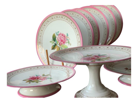 1860 Antique Pink English Botanical Dessert Set Family Heirloom