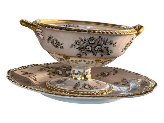 2Pc Antique Pale Pink Spode Serving Dish, Underplate w Hand Painted Florals, White Accents, Gadrooned Gilded Rim,  Mother's Day Gift,  C1825