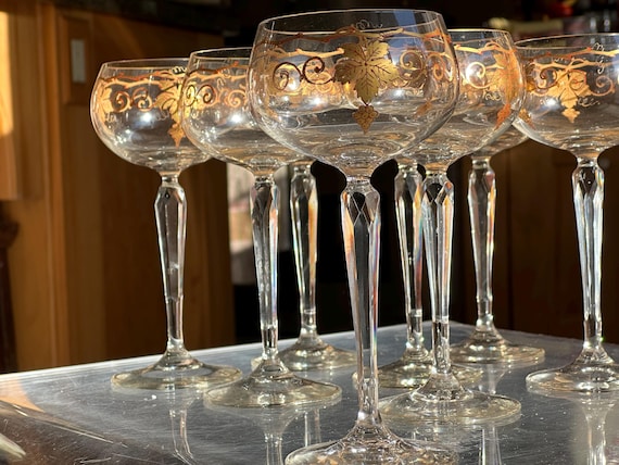 RARE 8Pc Antique French St Louis Glass Stemware w Etched Swags, Yellow Bowl, Stems Before 1936