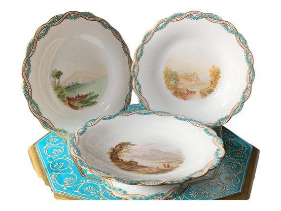 1850 Turquoise Minton Dessert Set Baroque China Plates Wedding Gift