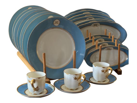 17Pc Antique Soft Blue Dessert Set Family Heirloom  Gilded Monogram and Trim China Set Wedding Gift for Bride