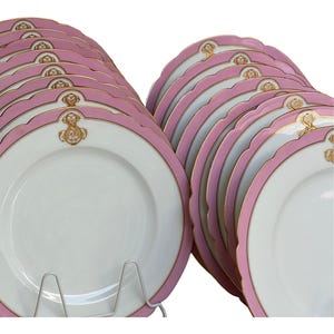 Antique French Haviland Monogrammed Wedding Dinner Plates with Gilded Scalloped Rims