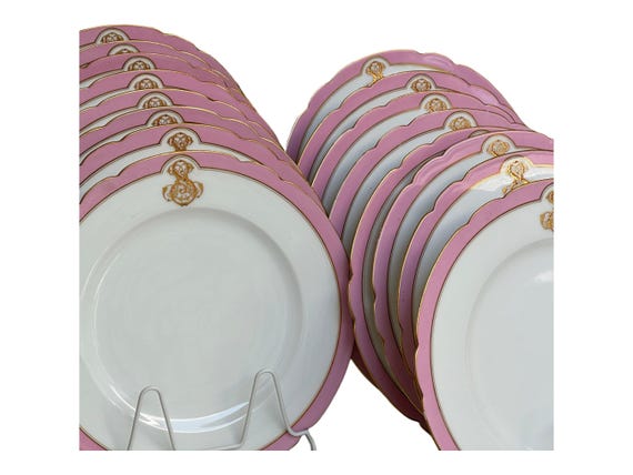 16 Antique French Old Paris Monogrammed Wedding Dinner Plates w  Hand Painted Pink Border Gilded Scalloped Rims Timeless Classic C1879 1883