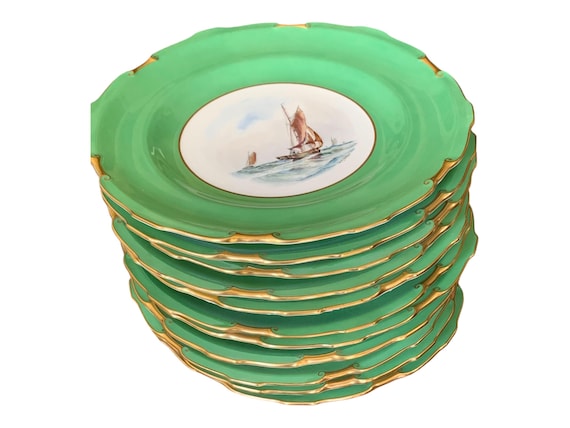 Royal Crown Derby Nautical Green Dinner Plates Heirloom English Porcelain with Scalloped Design