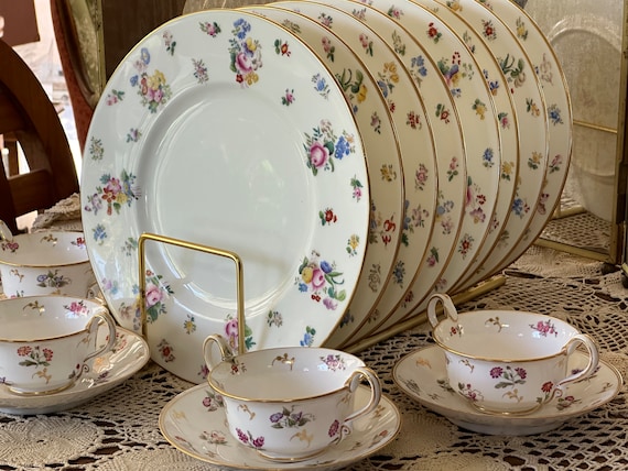 Assembled Antique Dinner Set 8 Hand-Painted Minton Floral Dinner Plates &  4 Spode Soup Bowl Sets