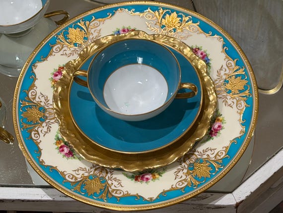 1927 Turquoise Minton China Set: Pink Roses and Gold Embellishments