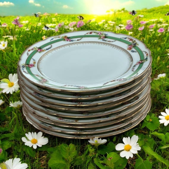 Antique French Hand-Painted Porcelain Dessert Set:Floral Design Scalloped Edges Gold Trim