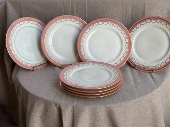 Black Knight Dinner Plate Set: Pink Dinner Plates 22 Kt Gold Embossed Embellishment and Swag  Ca 1920