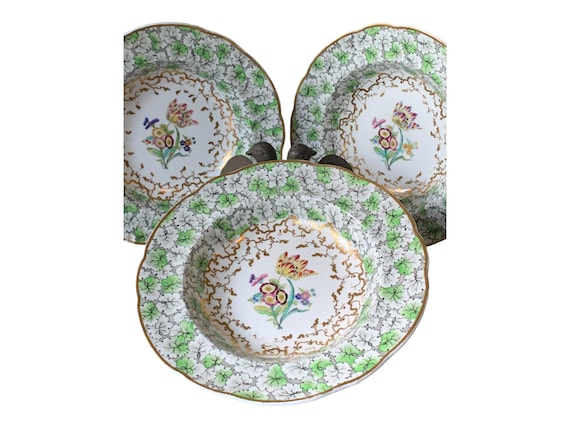 3 Rare Antique Grainger Worcester Soup Plates with Elaborate Green Leaf Border, Botanical Center, Scalloped Gilded Rim, Circa 1860 1880