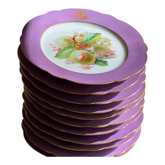 1800s Antique French Lavender Botanical Dessert Plates Monogrammed 11 pcs