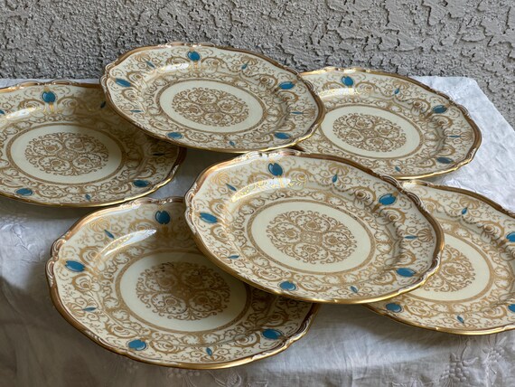 Vintage Blue Dinner Plates with 22 kt Gold Lace Overlay-Black Knight 1950s