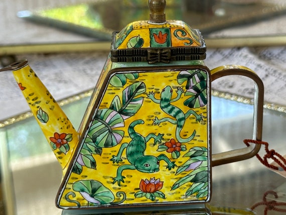 Vintage Hand Painted Enameled Miniature Teapot w Yellow Ground, MultiColored Flora, Playful Animals, Shaped Metal, Kelvin Chen Artist,C 2001