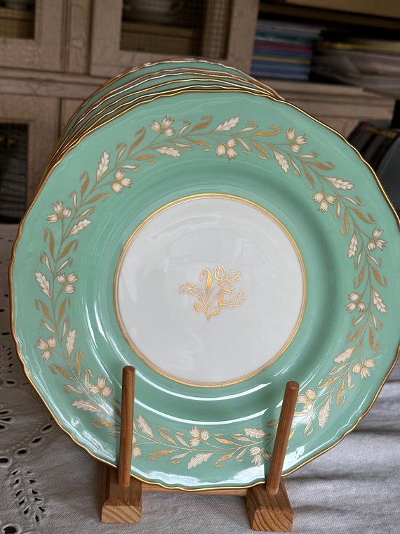 Vintage Mint Green Royal Worcester Dinner Plates: Gold Floral Scalloped Rim Heirloom Set (1950s)