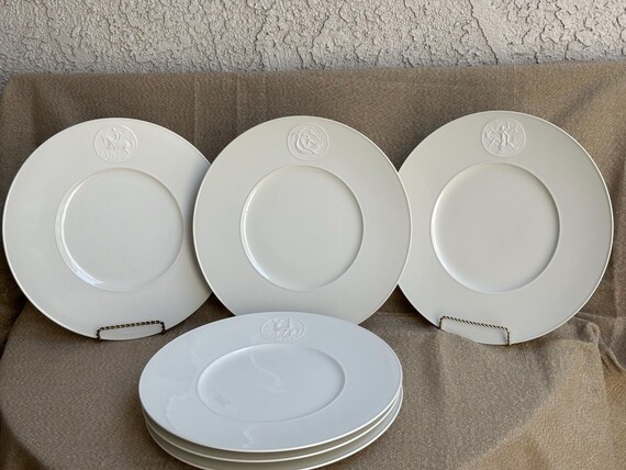Vintage KPM Dinner Plates: Six White Arcadia Plates with Embossed Medallion 1930s