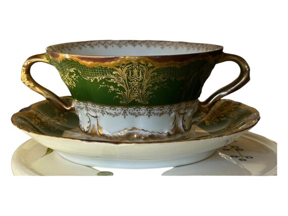 Rare Antique Limoges Cream Soup Bowl w Matching Saucer,  Rich Deep Green Border, Heavy Gilding Decoration, Holiday Table,  Circa 1895