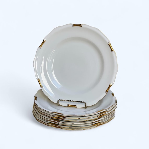Royal Crown Derby China Set Family Heirloom White Body with Unusual Gilded Rim for Wedding Gift for Bride 8 Dinner Plates