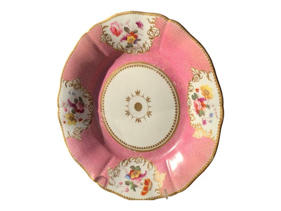 1830 Rare Antique Samuel Alcock Collector Plate w Pink Textured Border Gilded Scalloped Rims Hand Painted Floral Panels Heirloom Quality