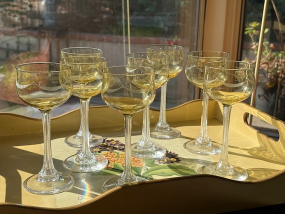 RARE 8Pc Antique French St Louis Glass Stemware w Etched Swags, Yellow Bowl, Stems Before 1936