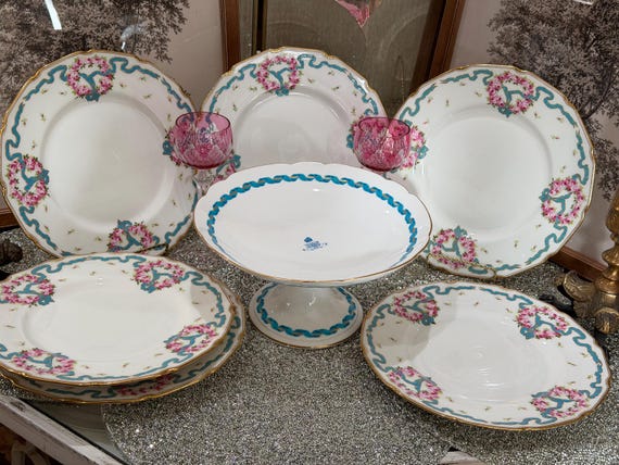 1904 Turquoise Royal Doulton Floral Dinner Plates with Pink Roses Scalloped Gilt Rims