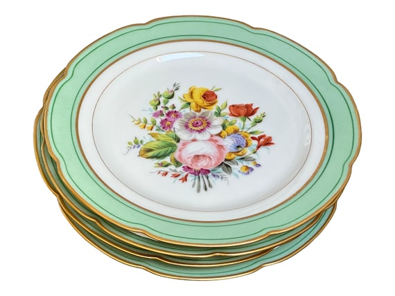 11pc Antique Green Old Paris Botanical China Set Family Heirloom French Jullien Fils Aine with Hand  Center Florals Wedding Gift for Bride