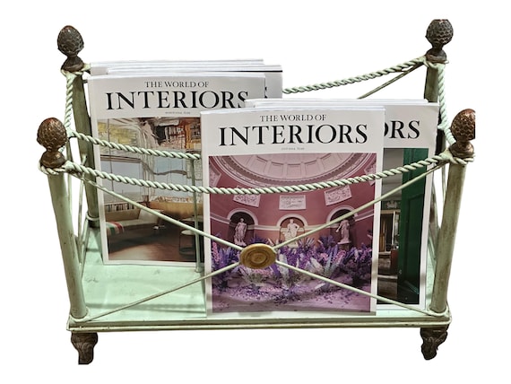 Vintage Aqua Italian Magazine Rack: Midcentury Bronze Newspaper Holder with Carved Iron Feet