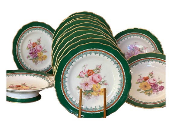 14Pc Antique Copeland Spode Rich Green Dessert Set, Scalloped Gilded Rims, 12 Plates, 2 Compotes, Fall Table Setting, Christmas Gift, C 1852