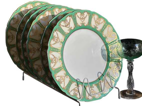 1922 Royal Doulton Ornate Green Gilded China Plates-Vintage 6-piece Set for Elegant Dining