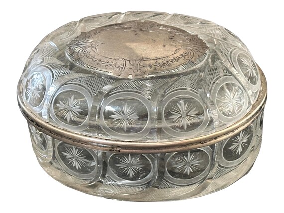 Antique  French Oval Crystal Box with  Silver Trim: 19th Century Collectible Gift for Elegant Decor