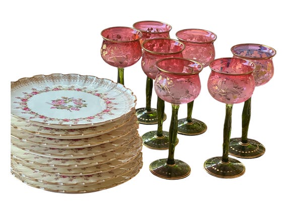 9 Antique Copeland Hand Painted Pink Floral Dessert Plates w Unusual Square Fluted Gilded Rims, Spring Vibes, Timeless Quality, Circa 1890