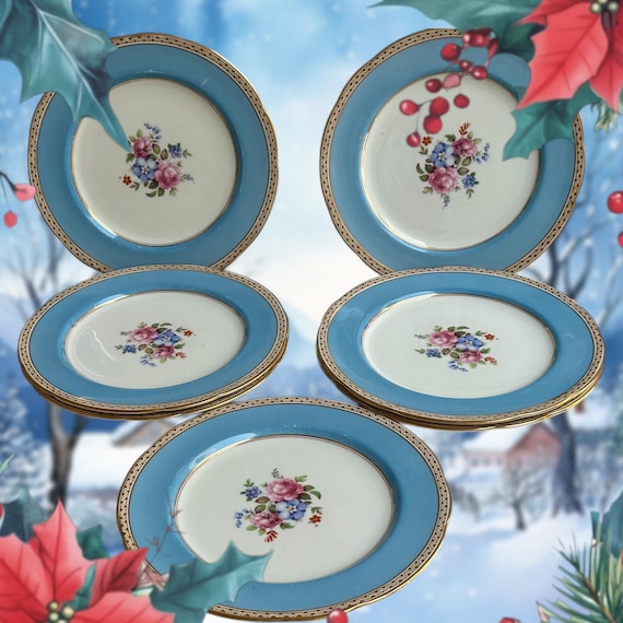Antique Blue Paragon Botanical Dinner Plates Set: Scalloped Rims 1910s