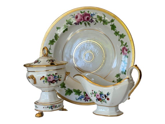 Antique Old Paris French China Set w Hand Painted Florals, Rich Gilding, Large Round Platter, Lidded Sauce Tureen, Gravy Boat, 19th Century