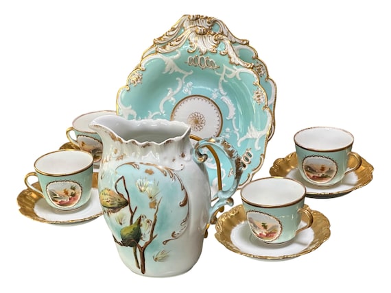 Antique English Davenport Dessert Set 12pc Aqua and Gold Scalloped China Wedding Gift Family Heirloom