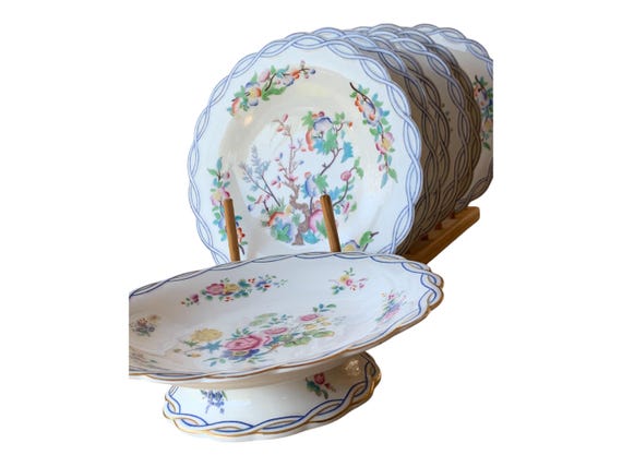 Antique English 7pc Chinoiserie Dessert Set: Blue Basketweave Cake Stand 1800s Heirloom Wedding Gift