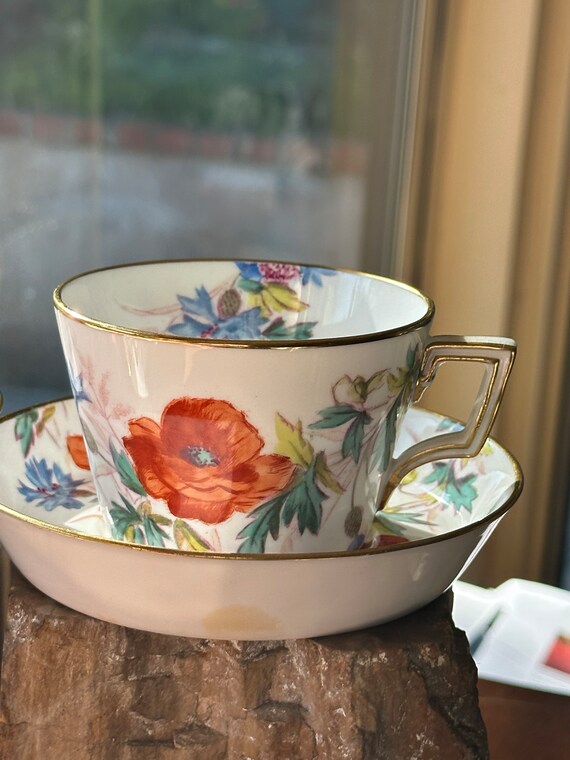 Antique Copelands Floral Tea Set: 4 Hand Painted Teacups and Saucers White with Gilt Trim, Circa 1880s