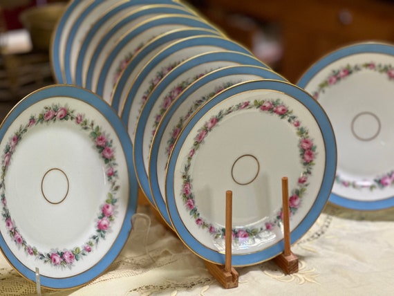 Antique French Sky Blue Dessert Plates: Pink Roses