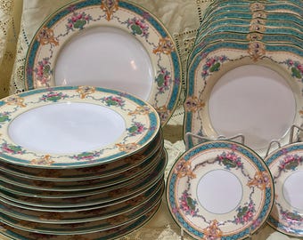 Antique Royal Worcester 20pc China Set: Hand-Painted Pink Roses Heirloom Wedding Gift for Bride
