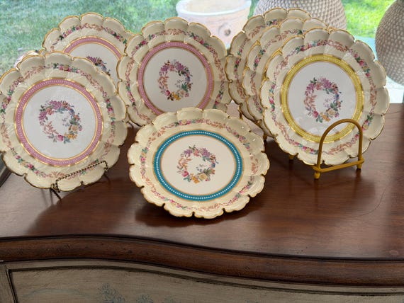 Antique Copelands China Floral Dessert Plates Multicolored Ribbon White Jeweling Set of 7