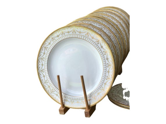 10 Antique Hand Painted Wedgwood Dessert Plates w White Body and Gilded Neoclassical Scrolls, Designs and Trim, Circa 1891 1932, 9 Inches
