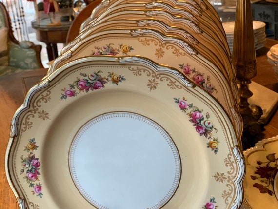1927 Antique Spode Plates with Peach Border and Pink Roses
