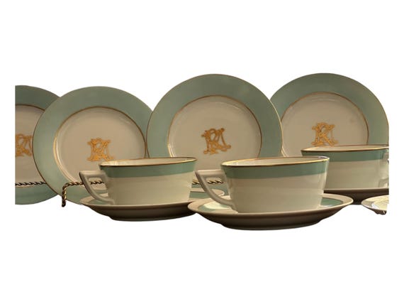 Vintage Assembled Aqua Royal Copenhagen Tea Service for 4 w  4 French Old ParisTea Plates, Monogram, Gilded Rims, Timeless Classic, C1930s