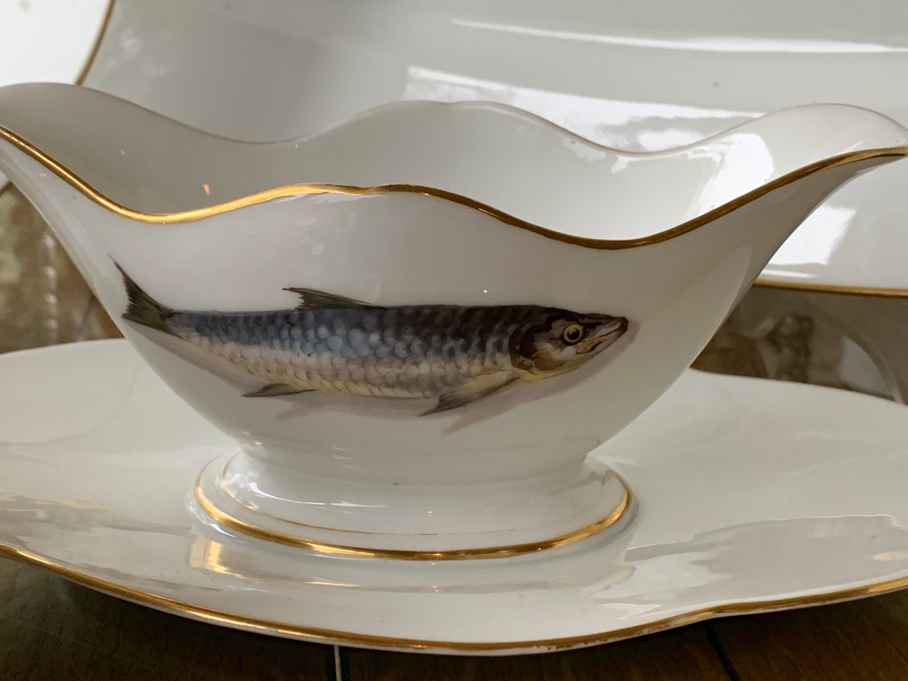 Rare 12Pc Antique French Fish Dinnerware Set w Crisp White Etsy
