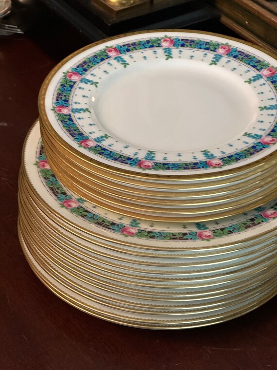 18Pc Antique Minton China Set Family Heirloom Hand Painted Enameled Pink Roses  Gilded Trim China Wedding Gift for Bride 12 Dinner Plates