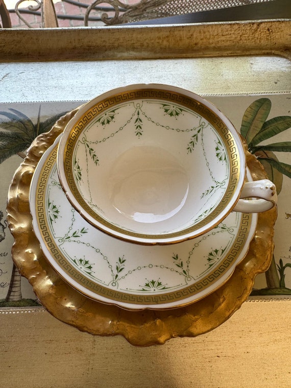 Antique Foley Shelley Teacup Set (3) - Green Swags & Greek Key, 1910-1916