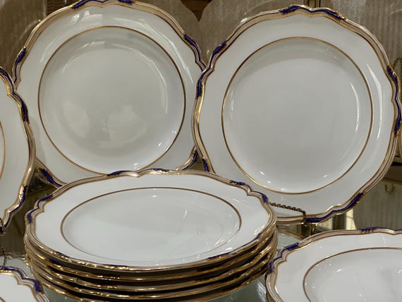 1890 Cobalt Blue Copeland Spode Dinner Plates: Gilded Scalloped Rim