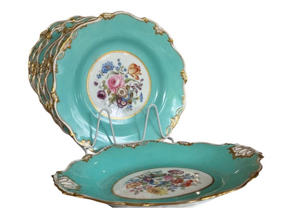 Vintage Botanical Dessert Set with Serving Dish 1800s Floral China