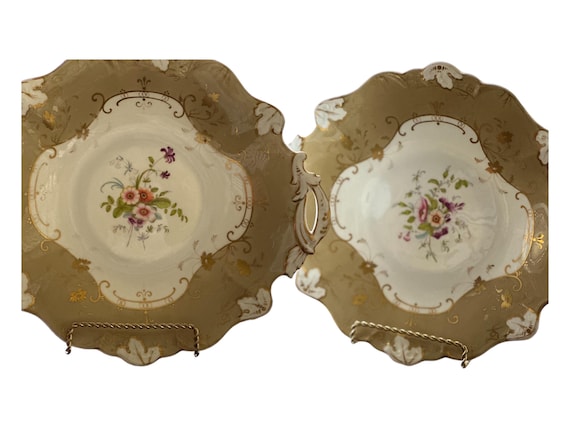 Rare Pr Antique Coalport Botanical Dessert Serving Plates w Khaki Colored Border, Hand Painted Florals, Gilded Scalloped Rims, Circa 1830