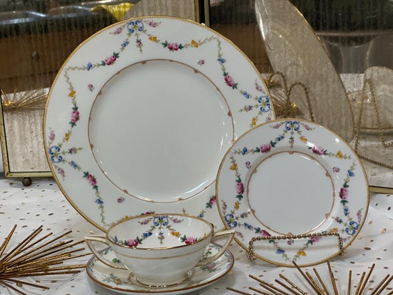 Antique Minton China Set 23pc Handpainted Floral Dinnerwware 1891 1932 with Pink Rose and Blue Accents