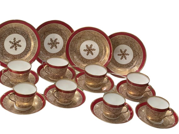 20Pc Antique English Tea Set for 4 Deep Rose Pink Border Gilded Seaweed Design